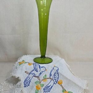 Vintage Avocado Green Swirl Optic Trumpet Vase | MCM Glass Pedestal Vase 11.75”
